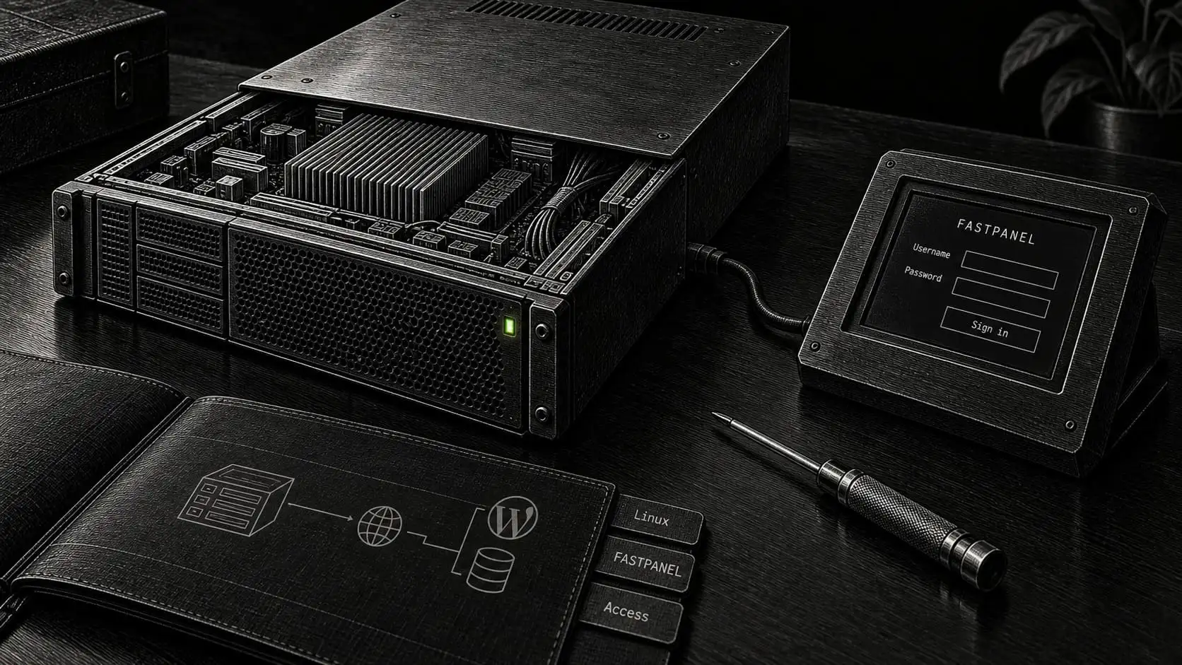 A server setup screen shows clean Linux, FASTPANEL installation, and a panel sign-in check as three consecutive steps.