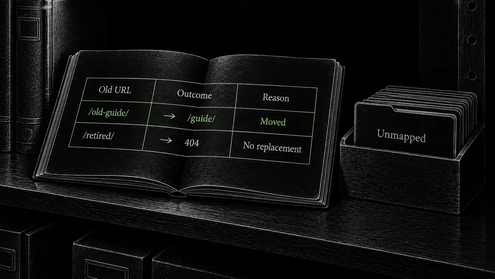 A mapping ledger pairs old guide addresses with their planned new destinations or removal decisions.