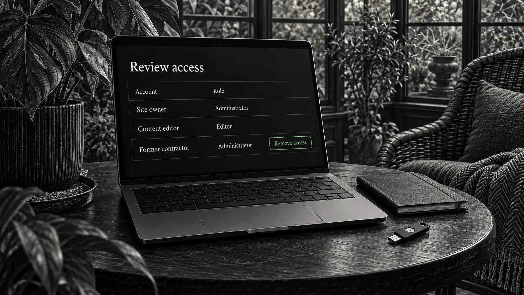 A laptop displays user roles with the option to remove a former contractor’s administrator access.