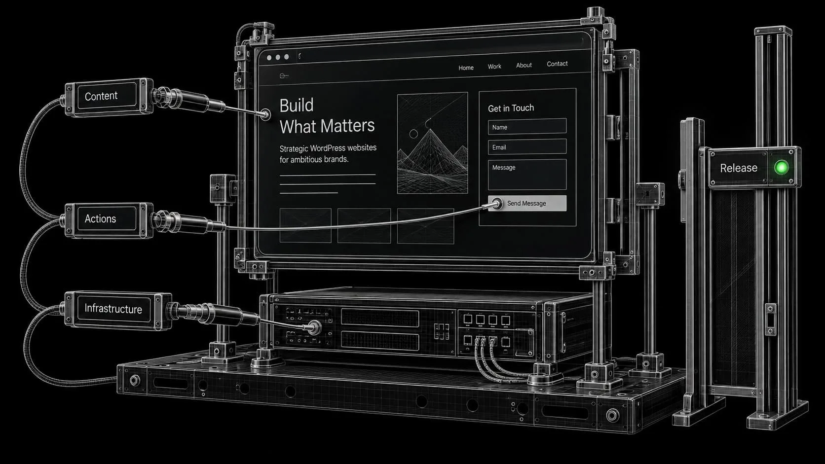 A website sits on a wireframe test bench with separate probes for content, actions, and infrastructure before release.