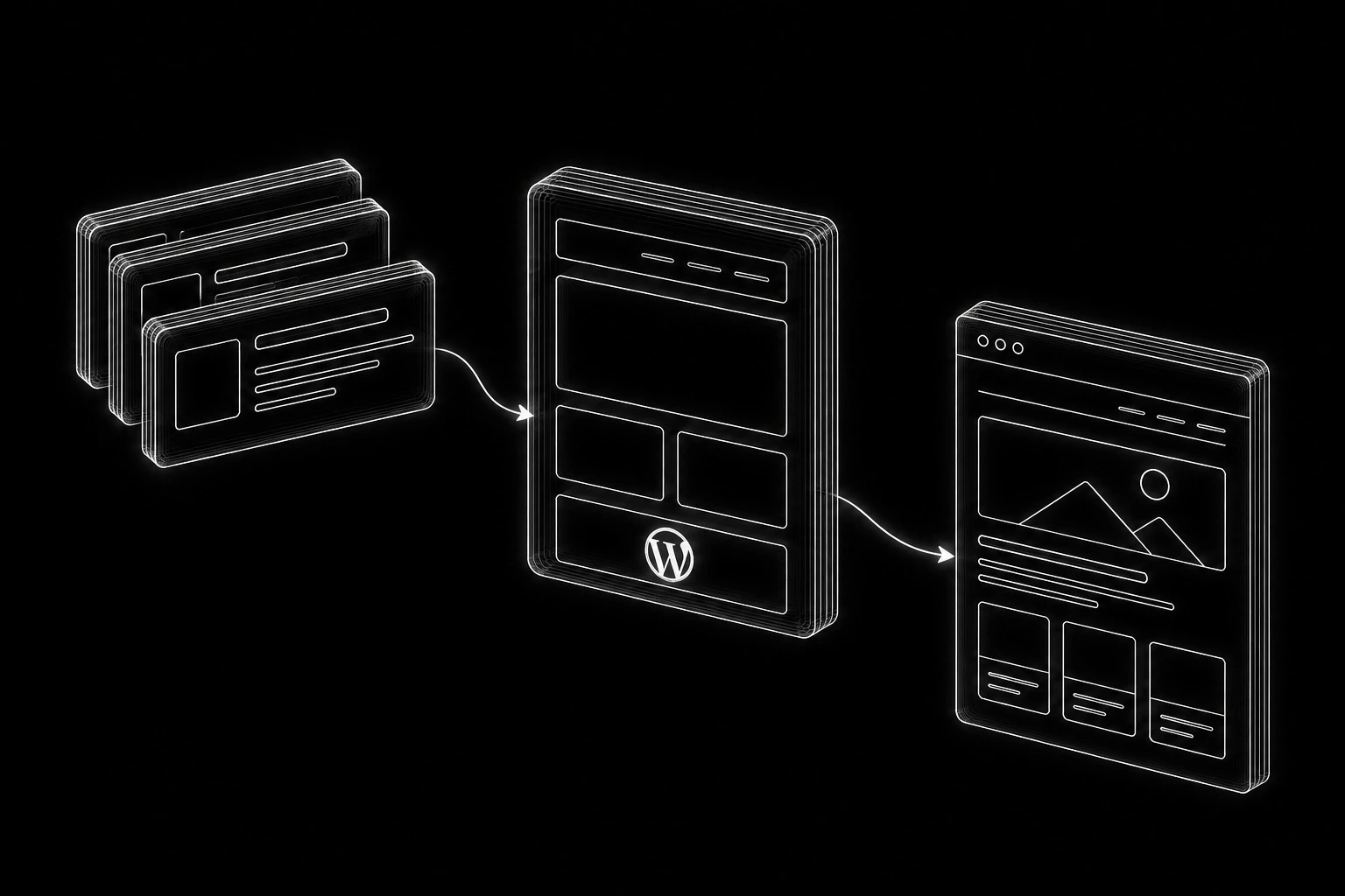 WordPress content records, reusable templates, and published pages forming one content system